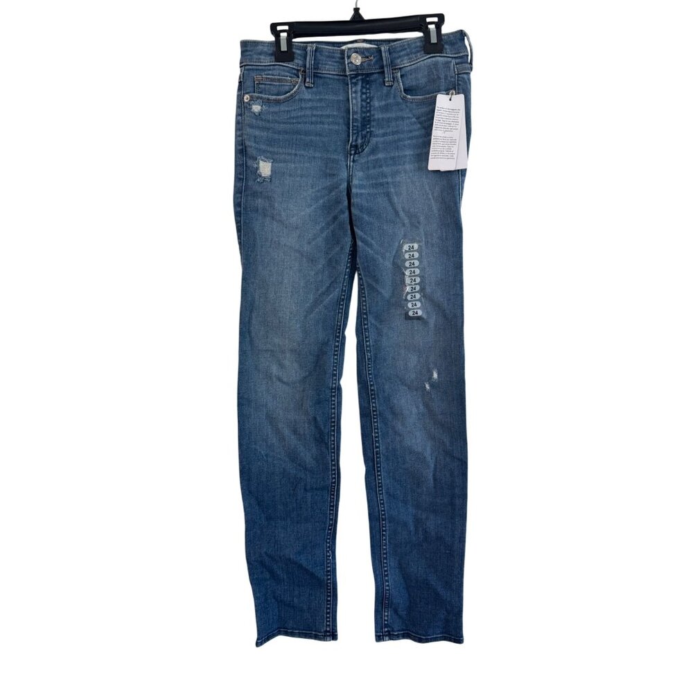 Guess Womens Mid Rise Jeans Medium Wash 24 Distressed Cropped Denim Straight Leg